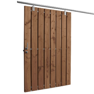 houten schuifpoort met metalen frame bruin geimpregneerd