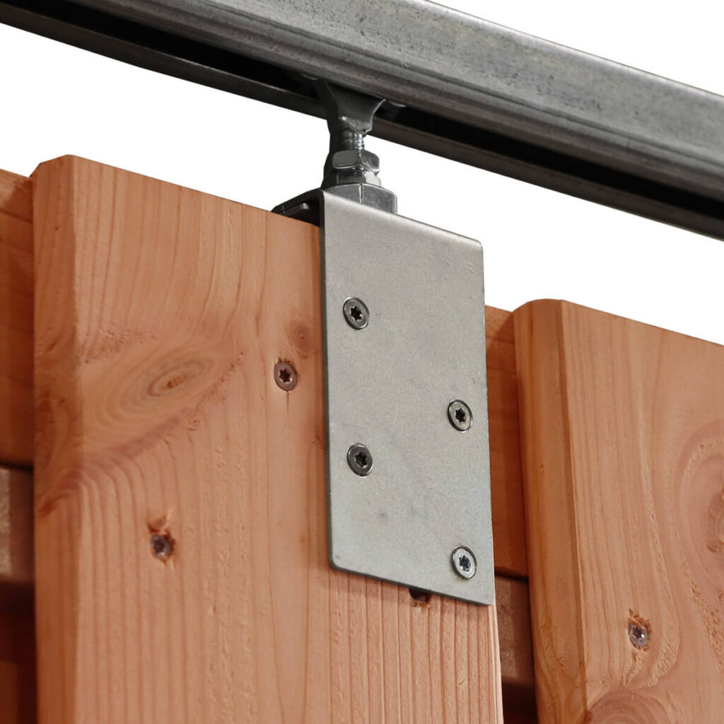 houten schuifpoort met metalen frame red class wood