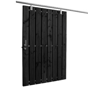 houten schuifpoort met metalen frame zwart